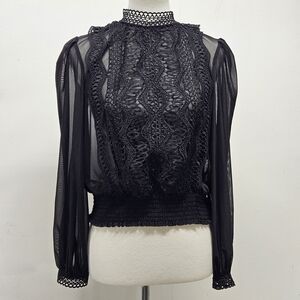 Black Lace Crochet Sheer Sleeve Blouse Smocked Waist High Neck Crop Witchy Fairy